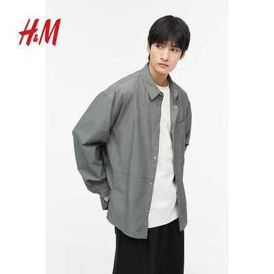 h&m 男装春季新款休闲宽松衬衫1183327 灰绿色 180/116