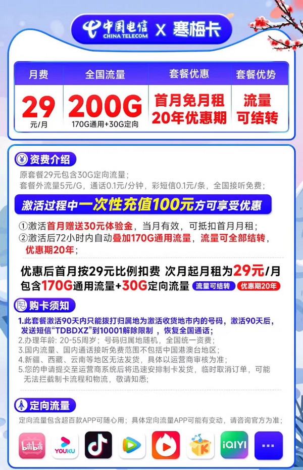 CHINA TELECOM 中国电信 寒梅卡永久29元200G+黄金速率+流量结转