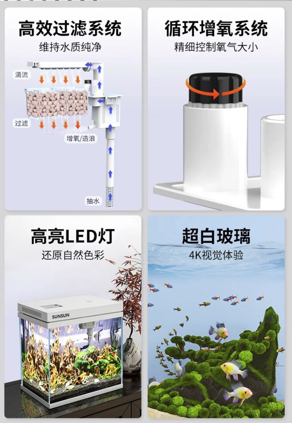 SUNSUN 森森 超白玻璃鱼缸 250标配 带滤材+棉