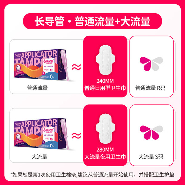 轻时间 卫生棉条尝鲜装 6支装（4支普通+2支大流量）赠护垫12片