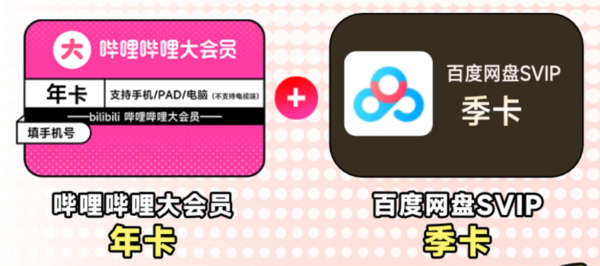 bilibili 哔哩哔哩 大会员年卡+百度网盘SVIP会员季卡