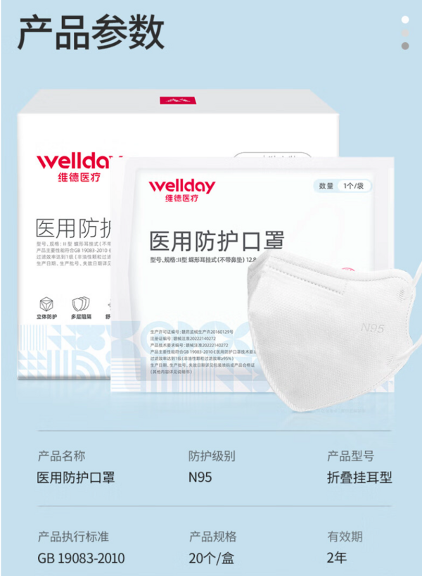 WELLDAY 维德 N95医用五层防护口罩 100只