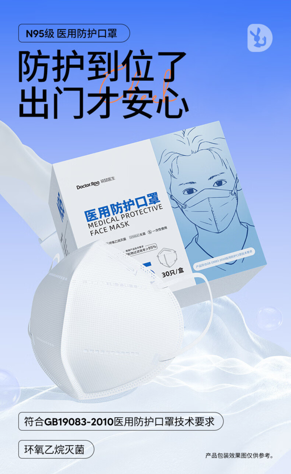 Doctor.Roo 袋鼠医生 N95型口罩医用一次性防护口罩独立包装灭菌级成人【白色】N95型耳挂式（50只*2盒）
