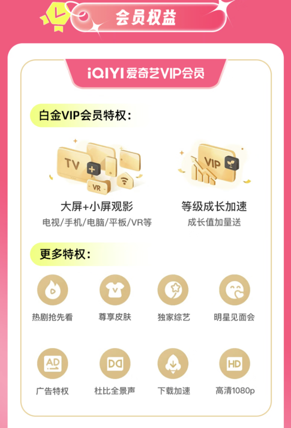 爱奇艺 白金VIP会员年卡+京东PLUS年卡+白金VIP月卡