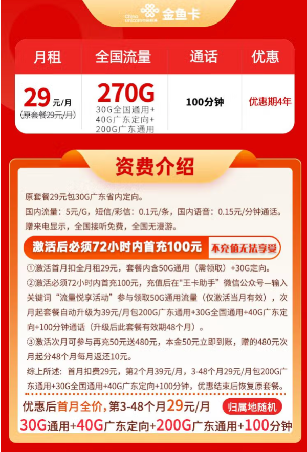 中国联通 广东省卡 金鱼卡29元（270G全国流量+100分钟+首月免月租）
