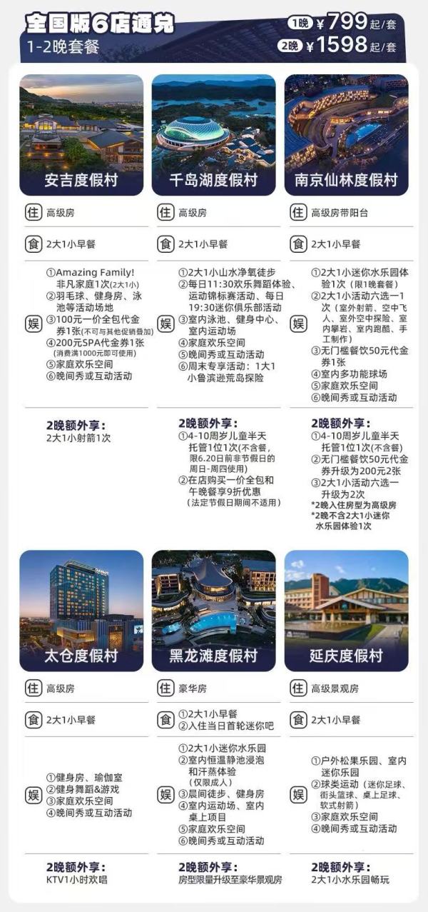 亲子游必备！ClubMed千岛湖/安吉/延庆/黑龙滩/太仓/南京六店1-2晚通兑