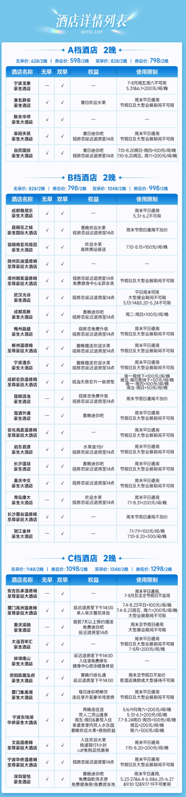 【25年618】豪生集团36店2晚可拆通兑+无早/含早任选+热门目的地