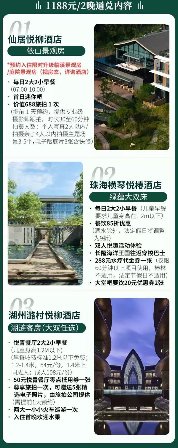 4早！遛娃必备！悦榕集团全国7城9店2晚亲子通兑套餐（含2大2小早+多种权益任选）