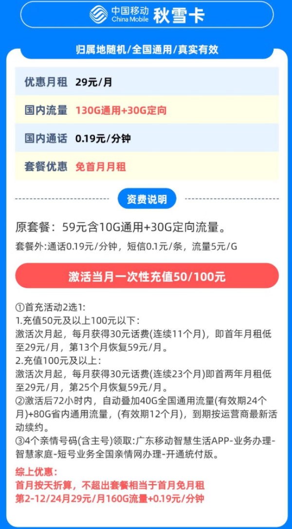 中国移动 广东省卡 秋雪卡29元160G全国流量 不限速