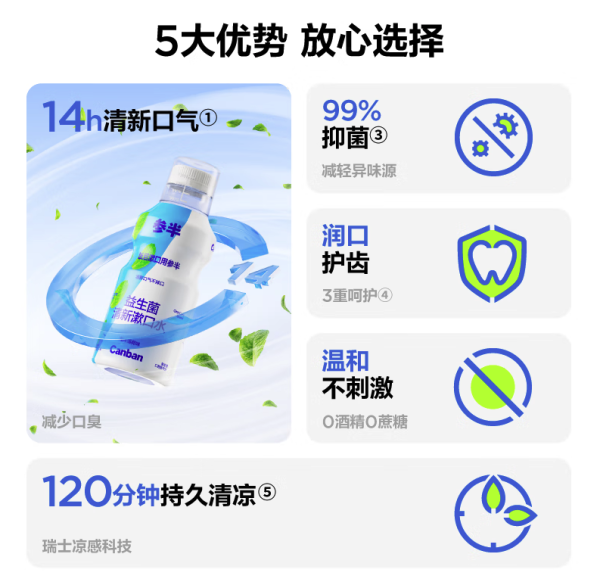 参半 益生菌漱口水 西柚+薄荷+葡萄 500ml*5（赠漱口水250ml*2+12ml*6+毛巾）