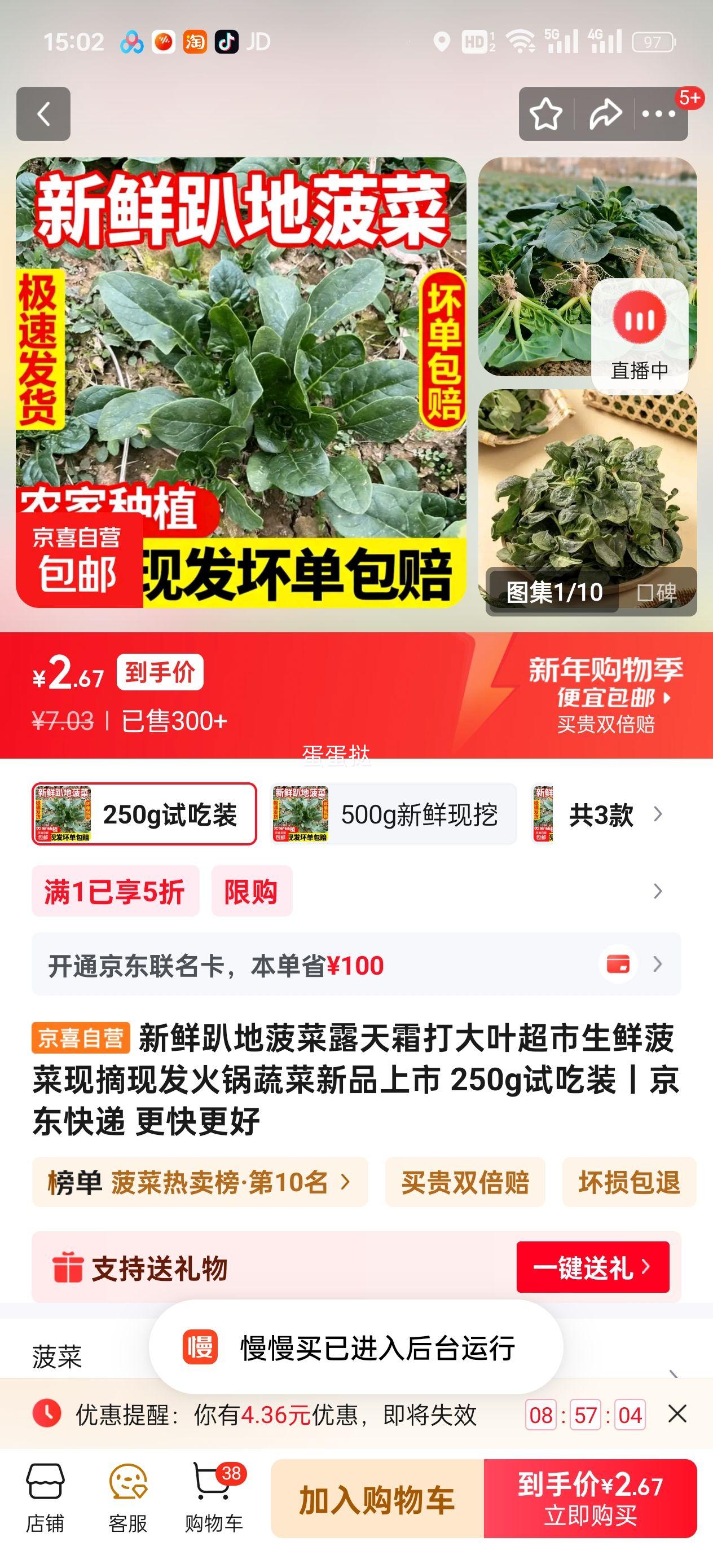 新鲜趴地菠菜露天霜打大叶超市生鲜 250g试吃装 火锅蔬菜新品上市优惠证明