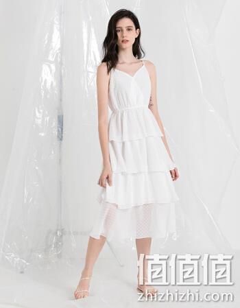  三福 女士V领雪纺连衣裙