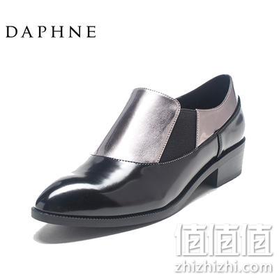  Daphne/达芙妮圆漾系列秋英伦风金属鞋面拼接侧弹力布单鞋 