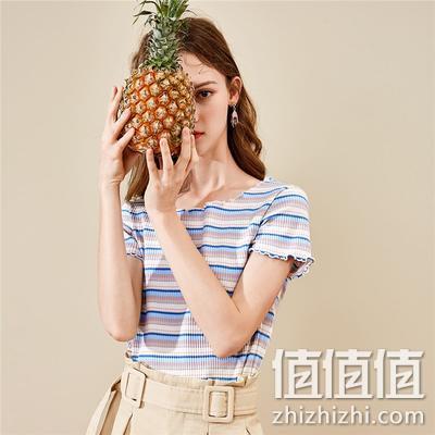  衣品天成 女士条纹荷叶边T恤