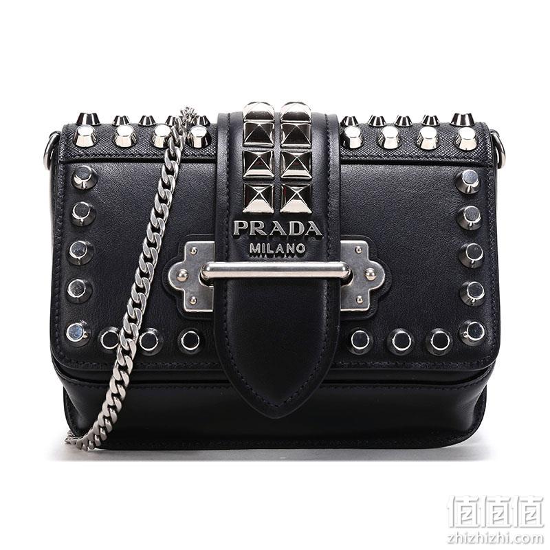 PRADA 普拉达 女士Cahier系列黑色牛皮铆钉装饰单肩斜挎包腰包链条包 1BL004 2BB0 F0002 V CNH M	