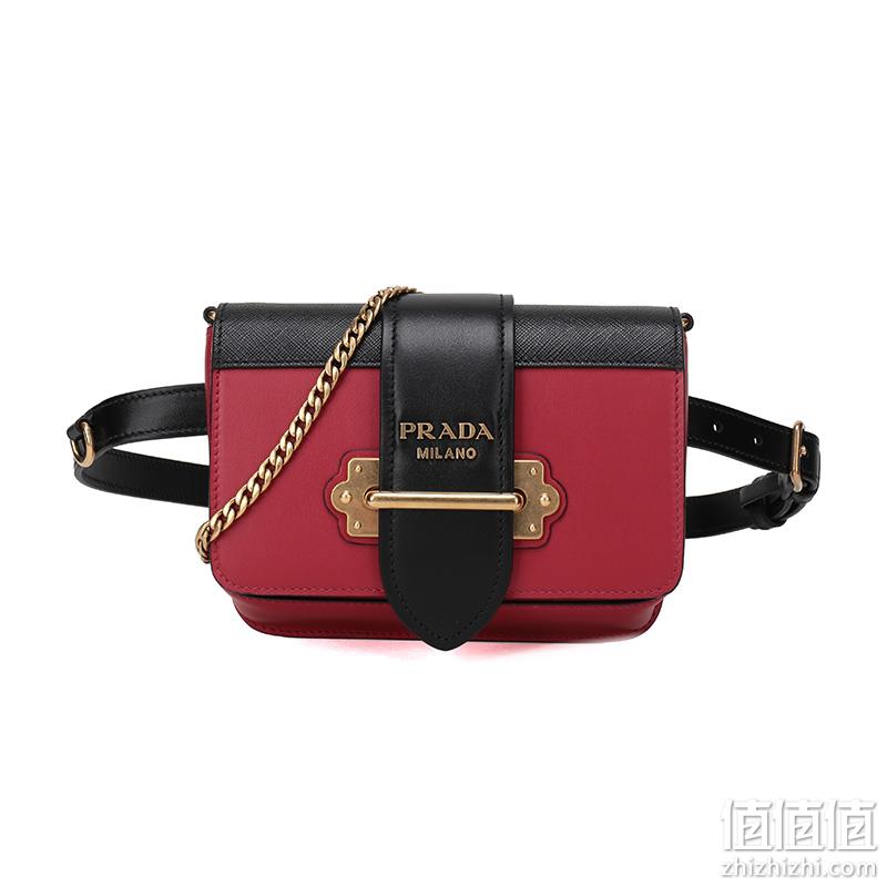  PRADA 普拉达 女士Cahier系列红色黑色牛皮单肩斜挎包腰包链条包 1BL004 2BB0 F0C9F V OCH L	