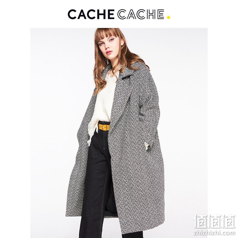  CacheCache大衣女中长款毛呢外套春秋新款港风chic复古直筒大衣潮