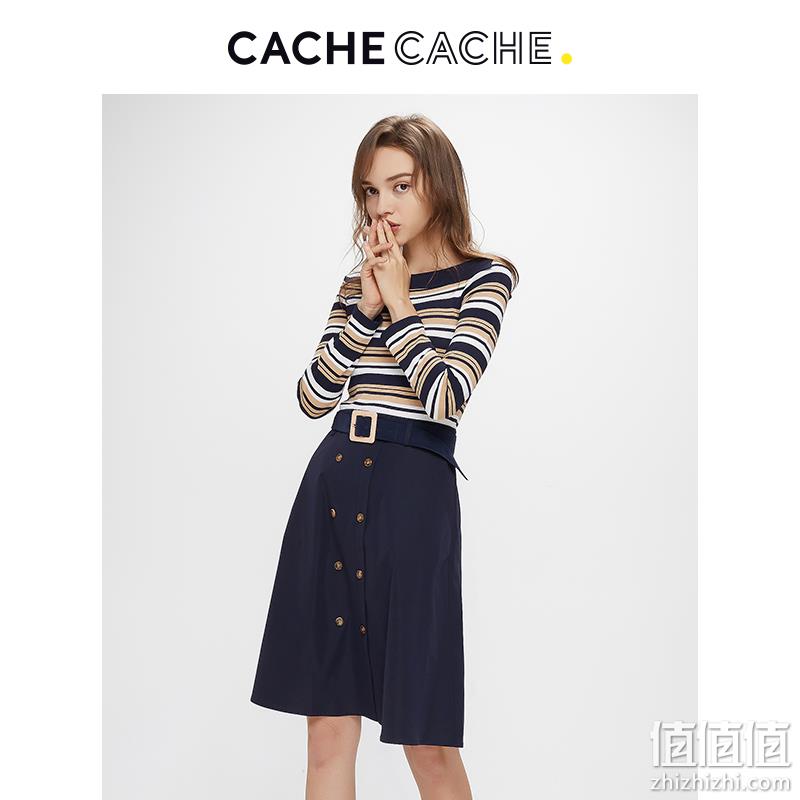  CacheCache秋季连衣裙2019新款法式连衣裙条纹收腰中长款针织裙子