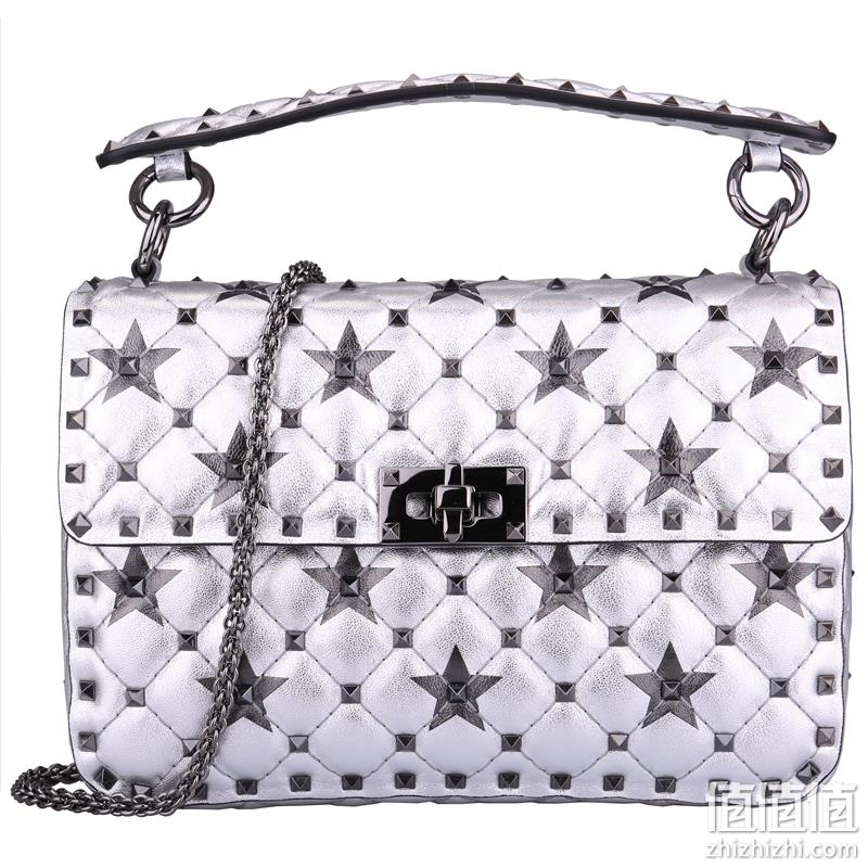  VALENTINO 华伦天奴 女士中号银色皮革五角星印花铆钉链式手袋 PW0B0122LII 5D3	