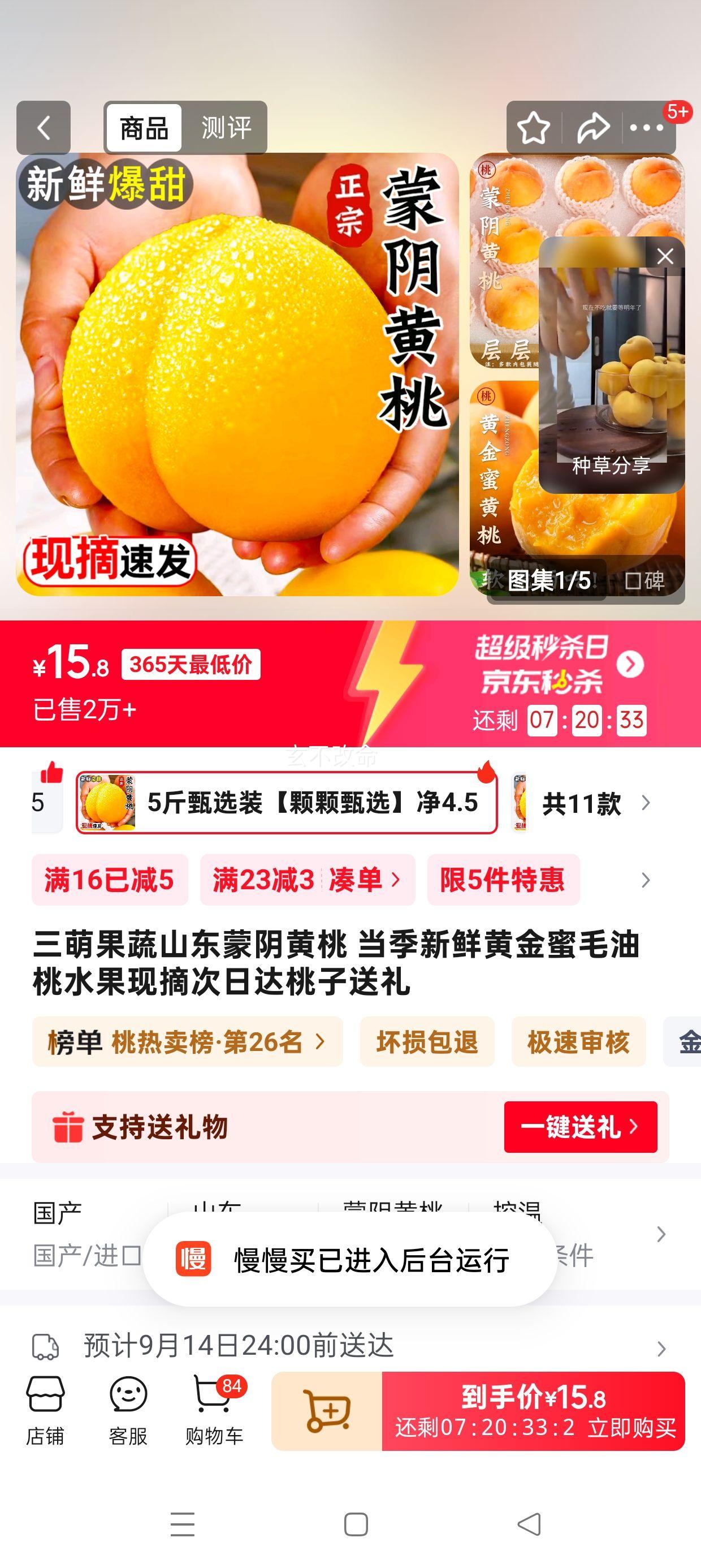 三萌果蔬山东蒙阴黄桃 5斤甄选装【颗颗甄选】净4.5斤优惠证明