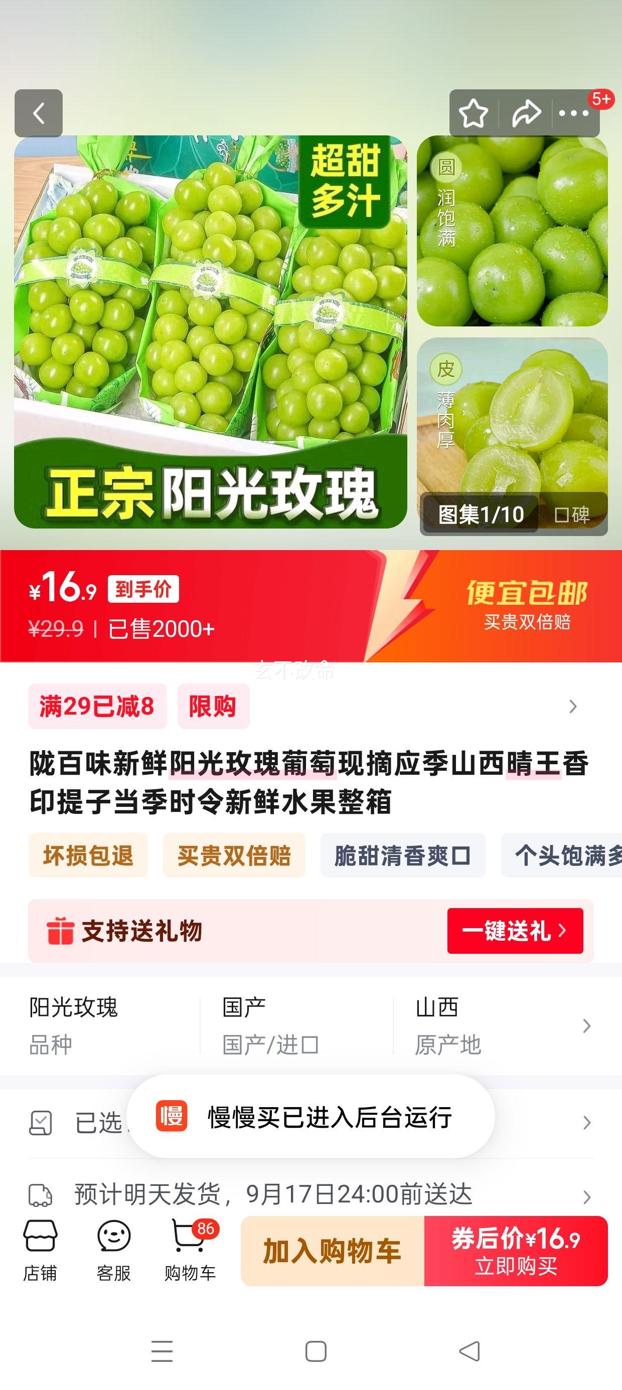 陇百味 新鲜阳光玫瑰葡萄 净果4-5斤单果8-12g优惠证明
