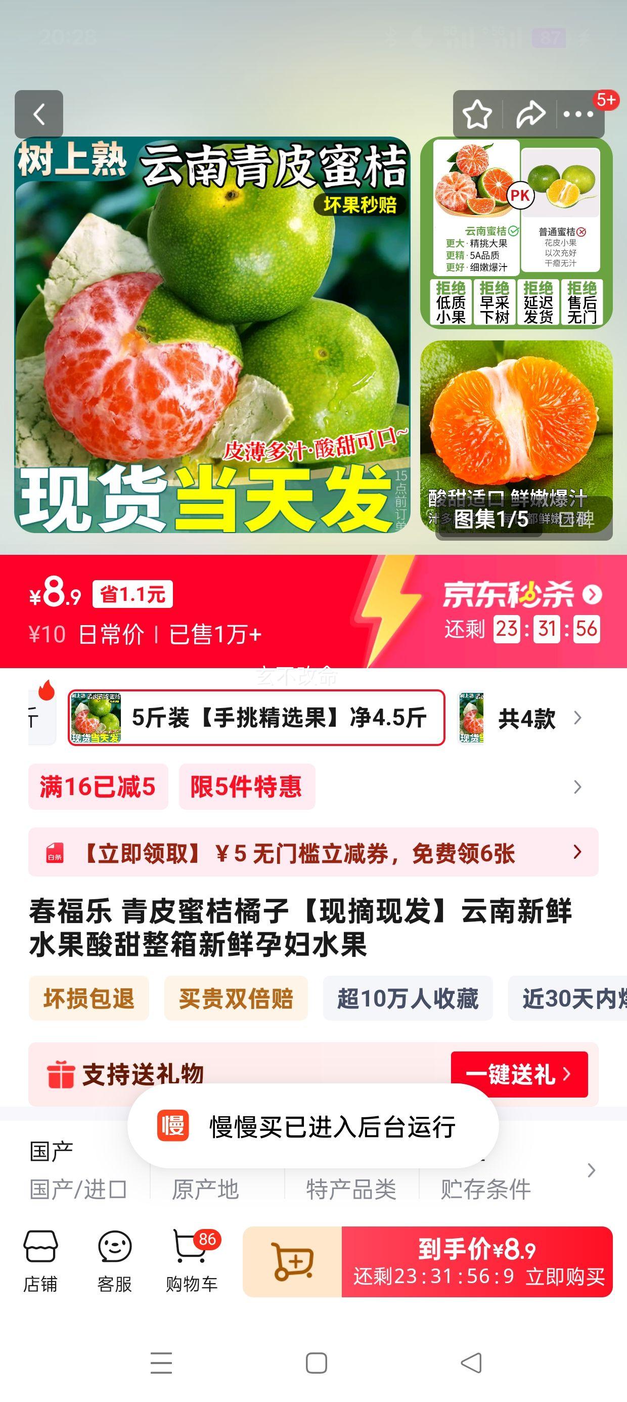 春福乐 青皮蜜桔 5斤装【手挑精选果】净4.5斤优惠证明