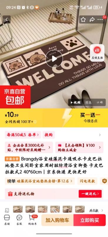 20点：Brangdy浴室硅藻泥卡通吸水卡皮巴拉地垫 卡皮巴拉款式2 40*60cm优惠证明