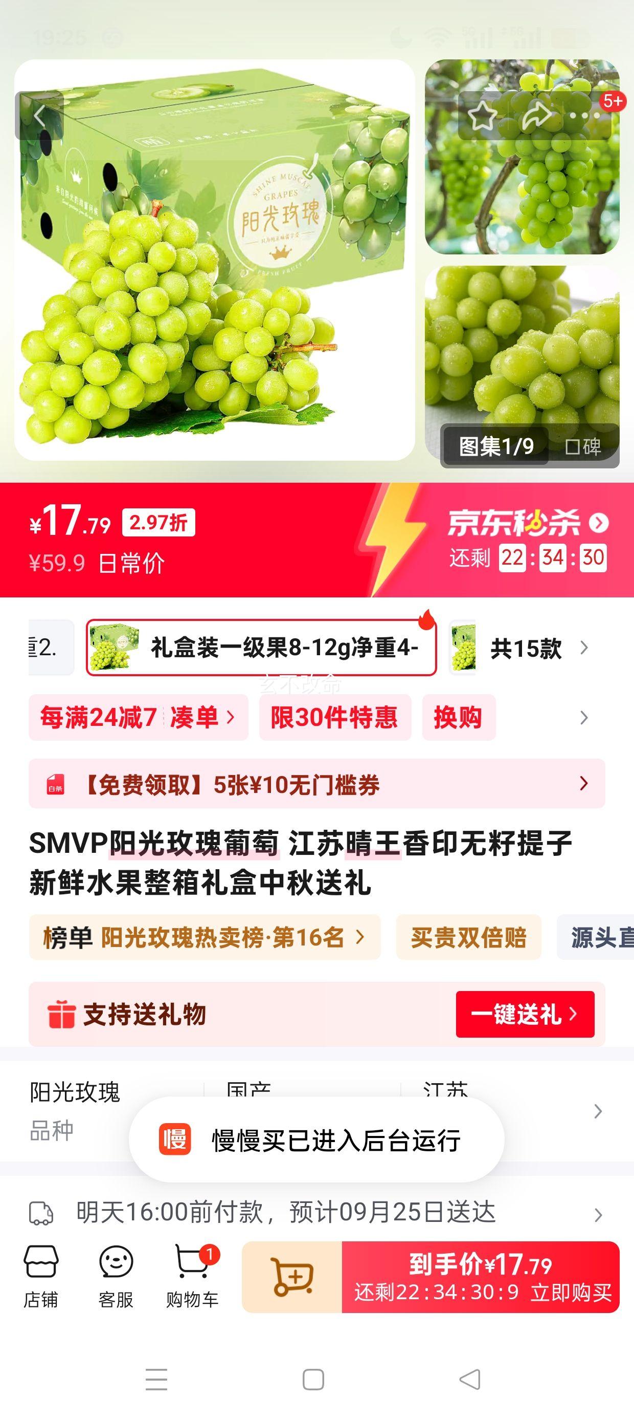SMVP阳光玫瑰葡萄 礼盒装一级果8-12g净重4-5斤优惠证明