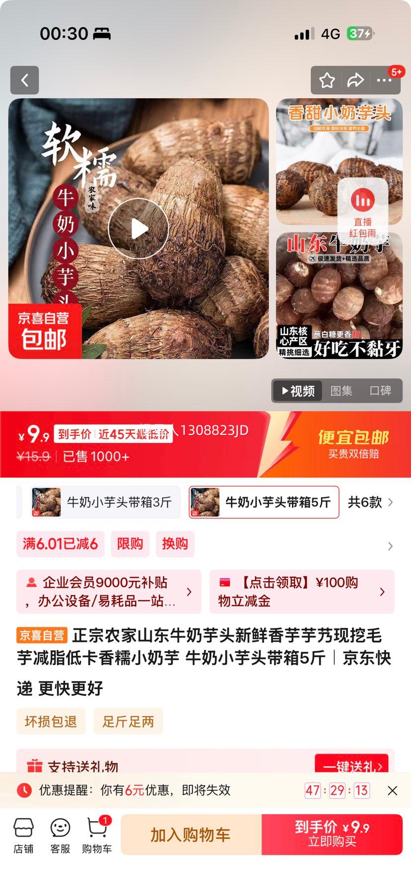 正宗农家山东牛奶小芋头带箱5斤优惠证明