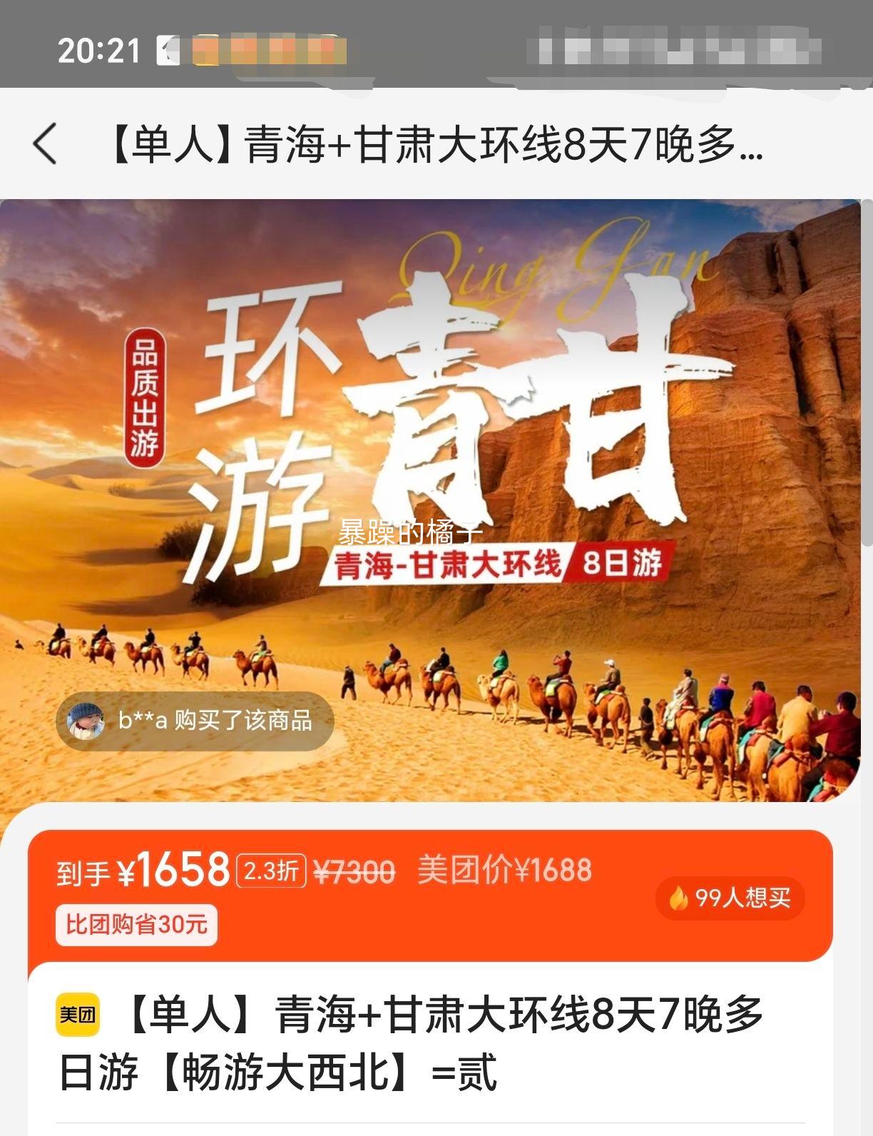 美团【单人】青海+甘肃大环线8天7晚多日游【畅游大西北】=贰优惠证明