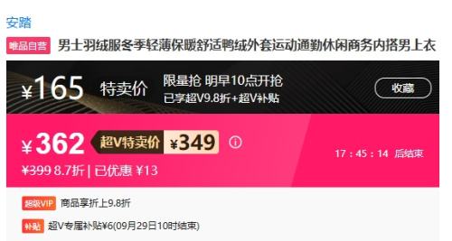 29日10点、超V会员：Anta 安踏 户外防泼水 轻薄羽绒服优惠证明