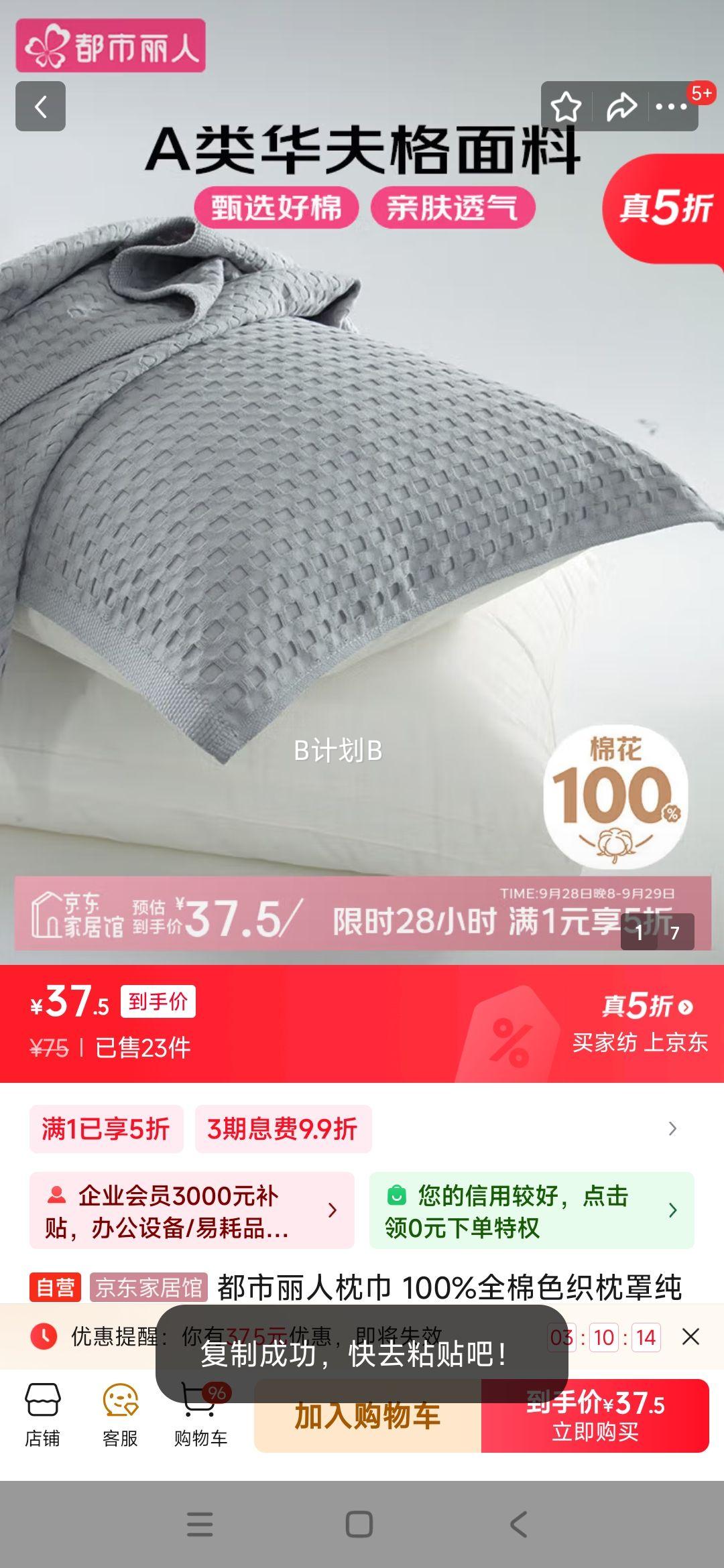 都市丽人枕巾 100%全棉色织枕罩纯棉吸汗透气盖巾 莫兰迪灰一对装 52*75cm优惠证明