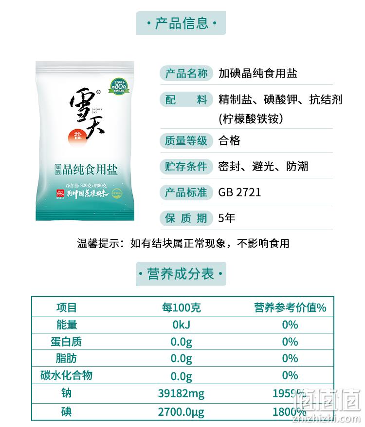 99.6%纯净岩盐：400gx7包 雪天 加碘食用盐 券后10.9元包邮 值值值-买手聚集的地方