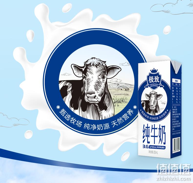 3.6g天然乳蛋白：三元 极致全脂纯牛奶 250mlx12盒x2箱 69.8元包邮 值值值-买手聚集的地方