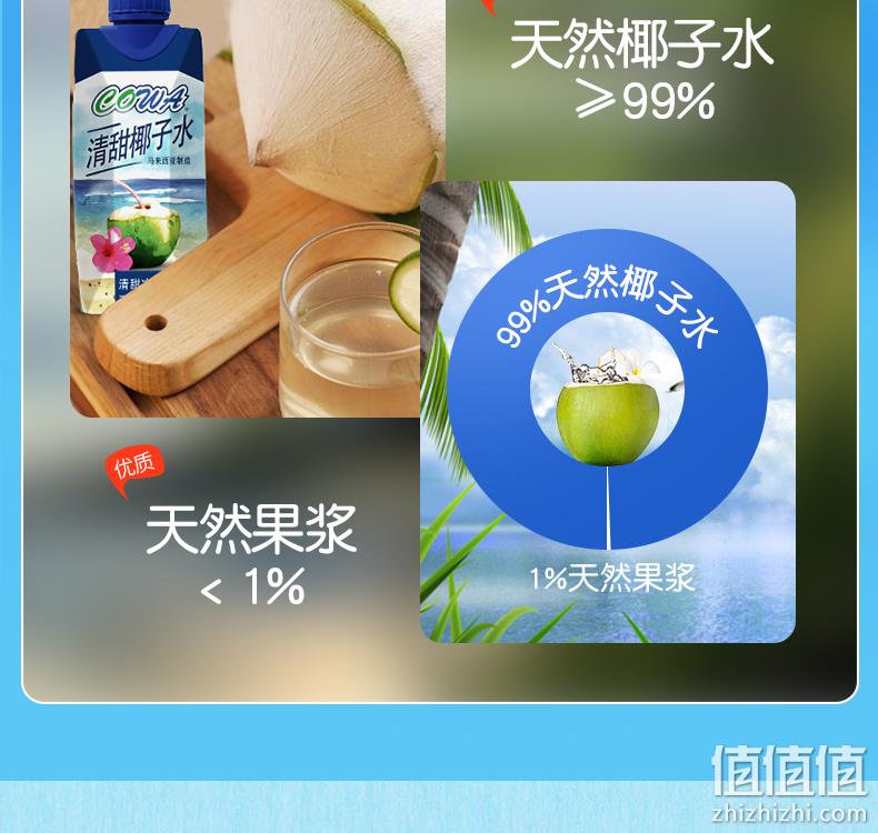 马来西亚进口、0脂肪0胆固醇：330mlx12瓶 COWA 清甜椰子水 58元包邮（京东69元） 值值值-买手聚集的地方