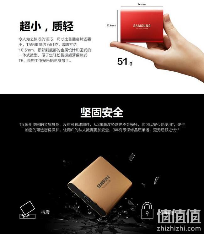 51g超轻薄，比机械硬盘快5倍，USB3.1：1T 三星 T5 固态移动硬盘 999元包邮（之前500G款899元） 值值值-买手聚集的地方