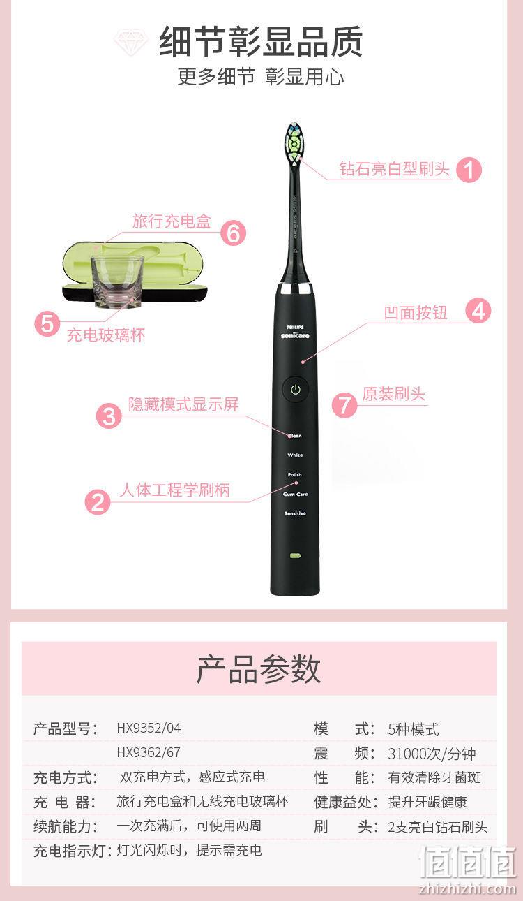 PHILIPS 飞利浦 HX9362/67 钻石亮白型 电动牙刷 气质粉 629元包邮 值值值-买手聚集的地方