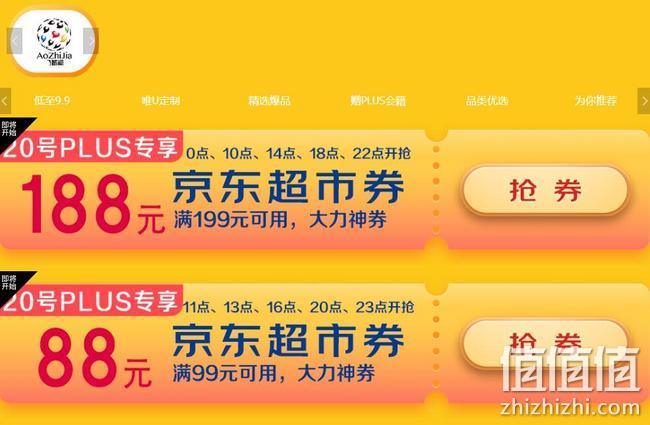 整点抢神券！京东超市 PLUS会员店狂欢日大促 Plus专享满199-188元、满99-88元超市神券整点抢 值值值-买手聚集的地方
