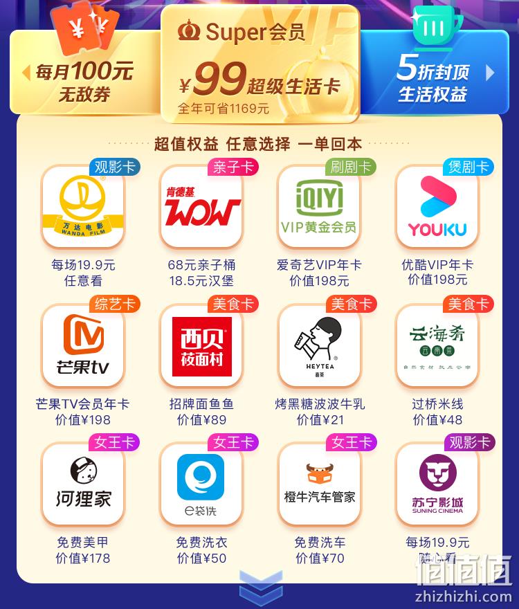 苏宁起势！双会员约等于白送：苏宁+爱奇艺/优酷/芒果/肯德基等8大VIP会员生活卡 双会员套餐99元任选，送100元无敌券 值值值-买手聚集的地方