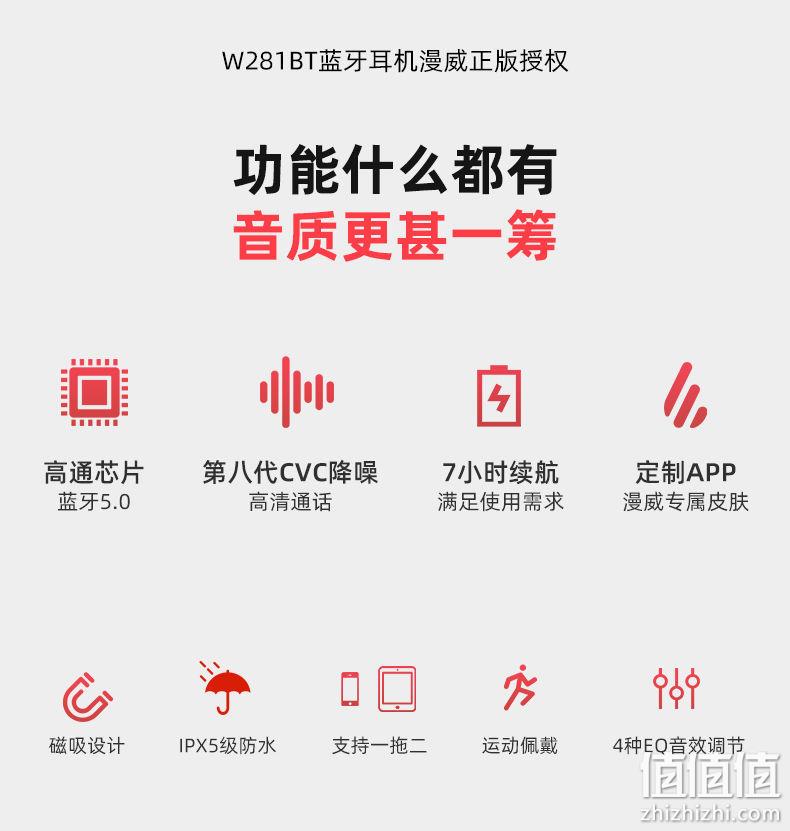 漫威联名款，专属定制APP与特效：漫步者 挂脖入耳式运动蓝牙耳机W281BT 百亿补贴券后124元包邮（之前推荐148元） 值值值-买手聚集的地方