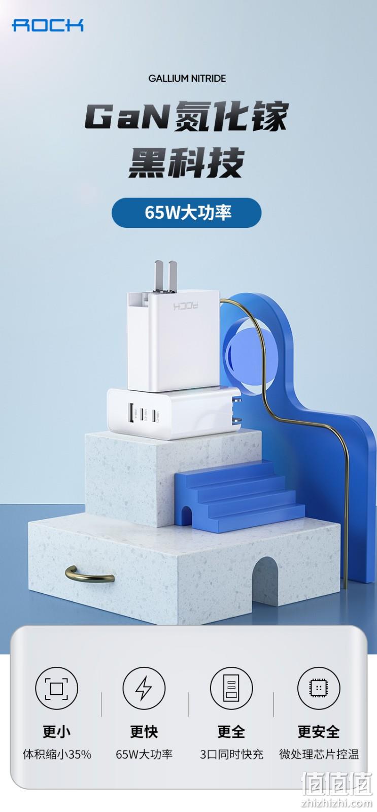 Plus会员： ROCK 洛克 RH-PD65W 氮化镓GaN 65W 2C1A 充电器 74元 值值值-买手聚集的地方