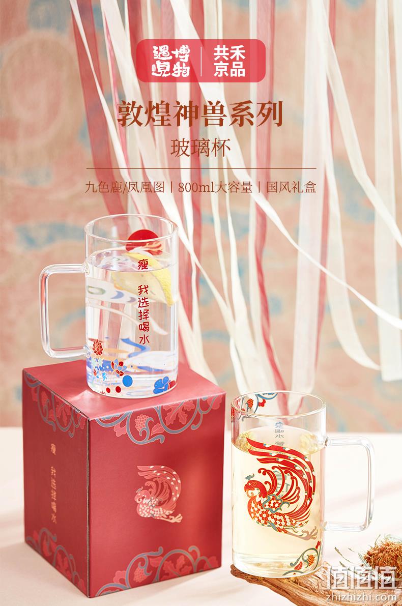 遇见博物联名新品：800ml 共禾京品 敦煌神兽系列 耐热高硼硅玻璃水杯礼盒装 39.9元包邮 值值值-买手聚集的地方