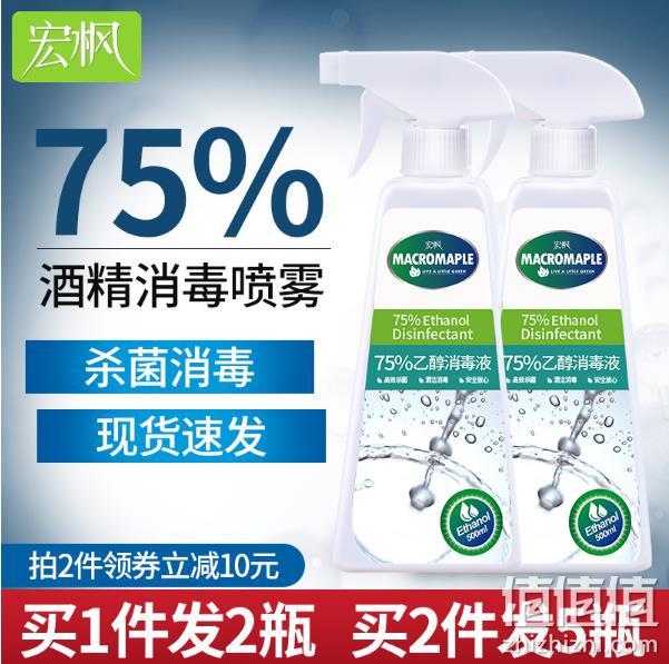 宏枫 喷雾型 75%医用酒精消毒液 500mLx2瓶 26.9元包邮 值值值-买手聚集的地方
