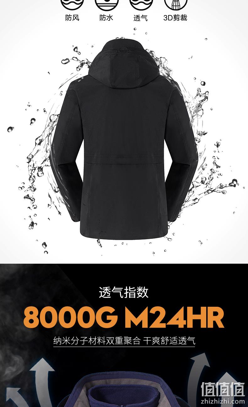 商场同款，280g双刷摇粒绒，防风防水：龙狮戴尔 男士 中长款加绒加厚3合1冲锋衣 169元包邮 值值值-买手聚集的地方