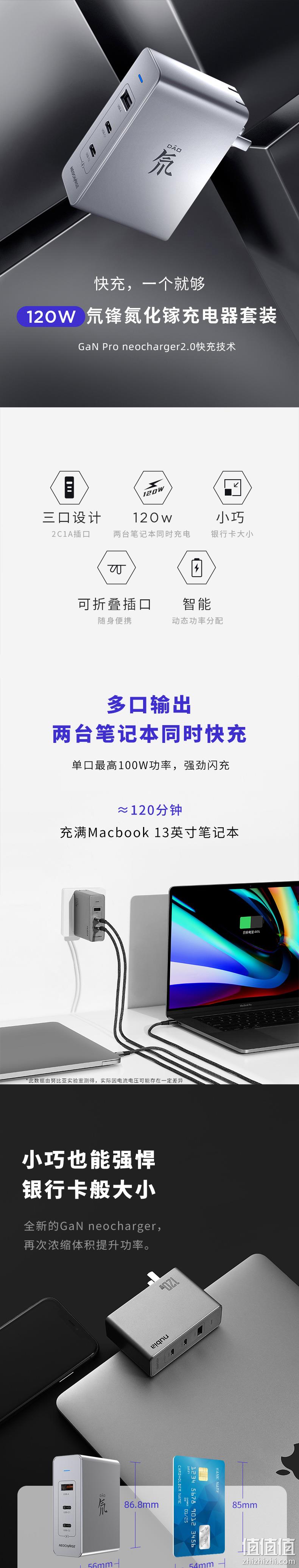 nubia 努比亚 120W三口氮化镓充电器GaN2 Pro +120W数据线 249元包邮 值值值-买手聚集的地方