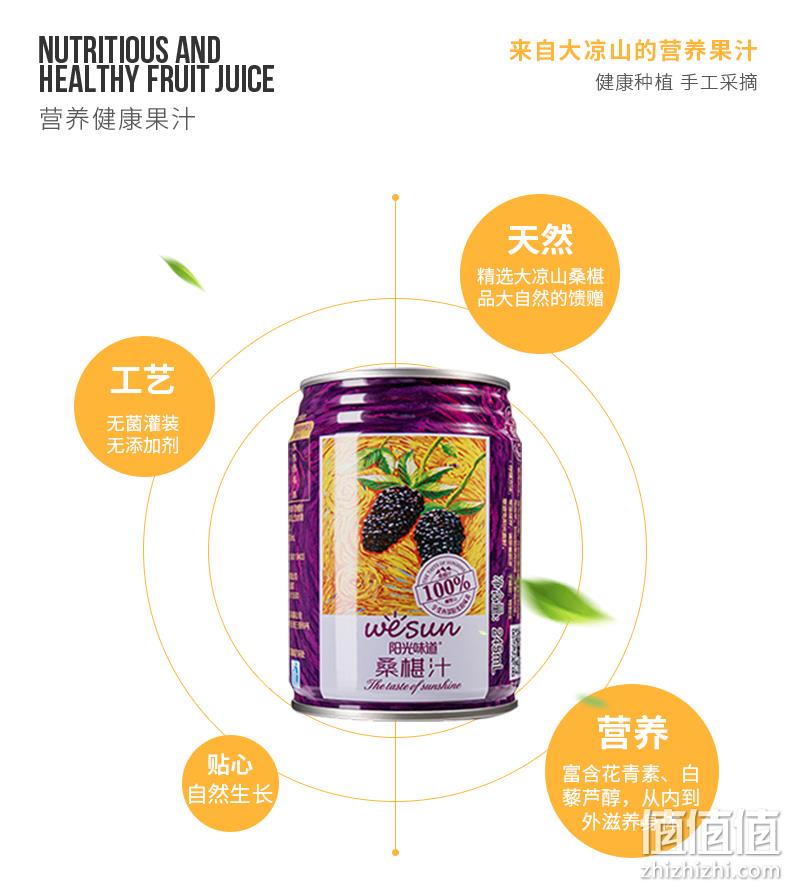 原汁无添加,0蔗糖:245mlx6罐 阳光味道 100%鲜榨桑椹汁饮料 19.9元包邮 值值值-买手聚集的地方