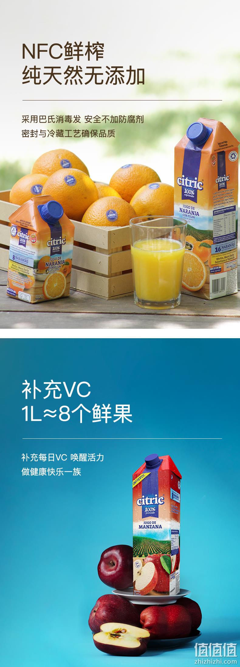 阿根廷进口，100%NFC果汁：1000mlx2瓶 Citric喜趣 橙汁 苹果 西柚汁 29.9元包邮 值值值-买手聚集的地方
