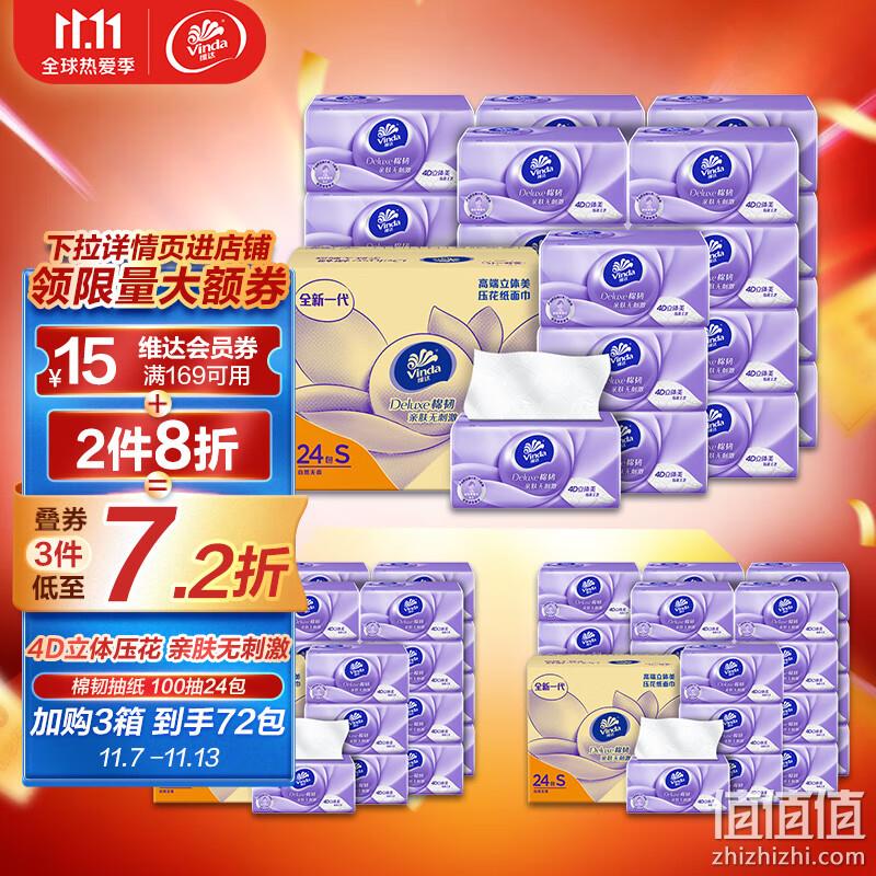 20点开始，Vinda 维达 棉韧系列 立体美抽纸（S码）3层100抽*24包*5件 128.7元包邮（25.74/件，1.07元/包） 值值值-买手聚集的地方