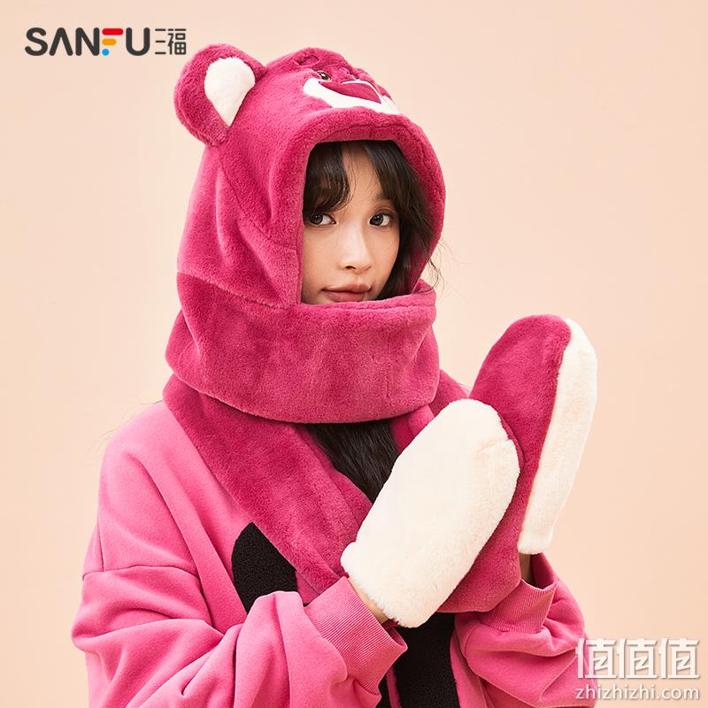 Sanfu 三福 草莓熊IP联名 手套围巾帽子一体三件套 45元包邮（需用券） 值值值-买手聚集的地方