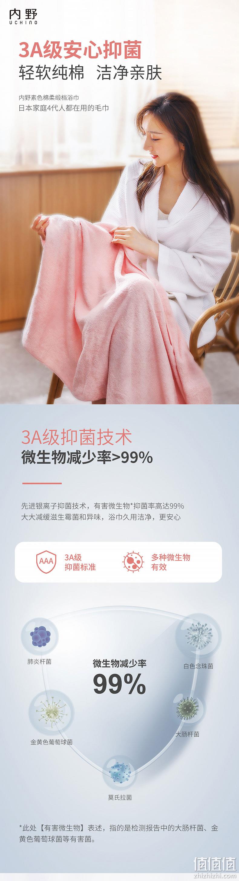 Uchino 日本内野 3A级抑菌新疆长绒棉缎档加厚浴巾 300g/70*135cm 2色 39元包邮（双重优惠） 值值值-买手聚集的地方